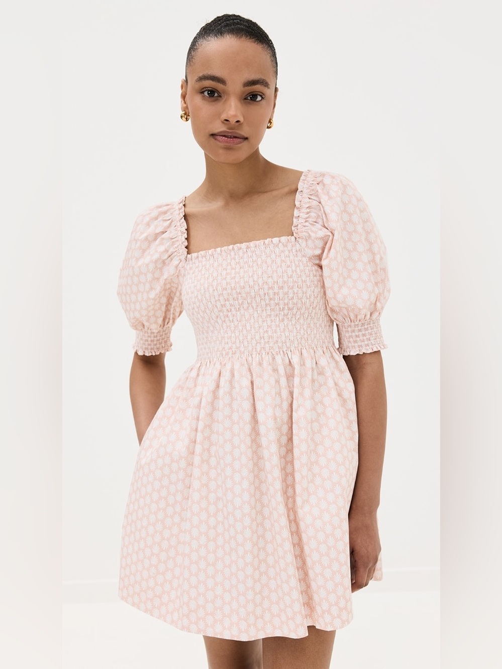 Smocked Puff-Sleeve Mini Dress in Light Pink